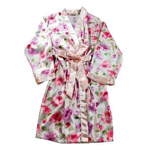 Valerie Stevens Pink Floral Robe Size Large Peignoir Satin Long Sleeve M…